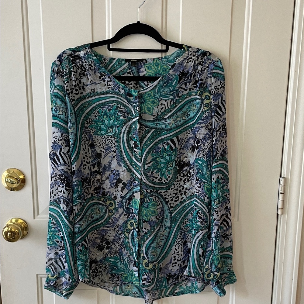 Milano Teal Paisley Button-Front Women’s Blouse Size L